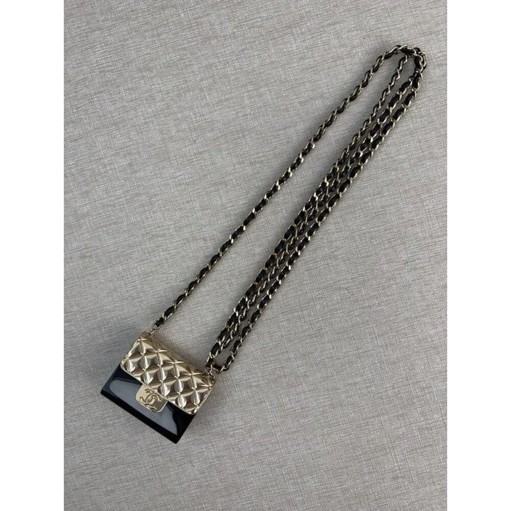 CHANEL Gold/Black Metal Mini Classic Pendant SHW